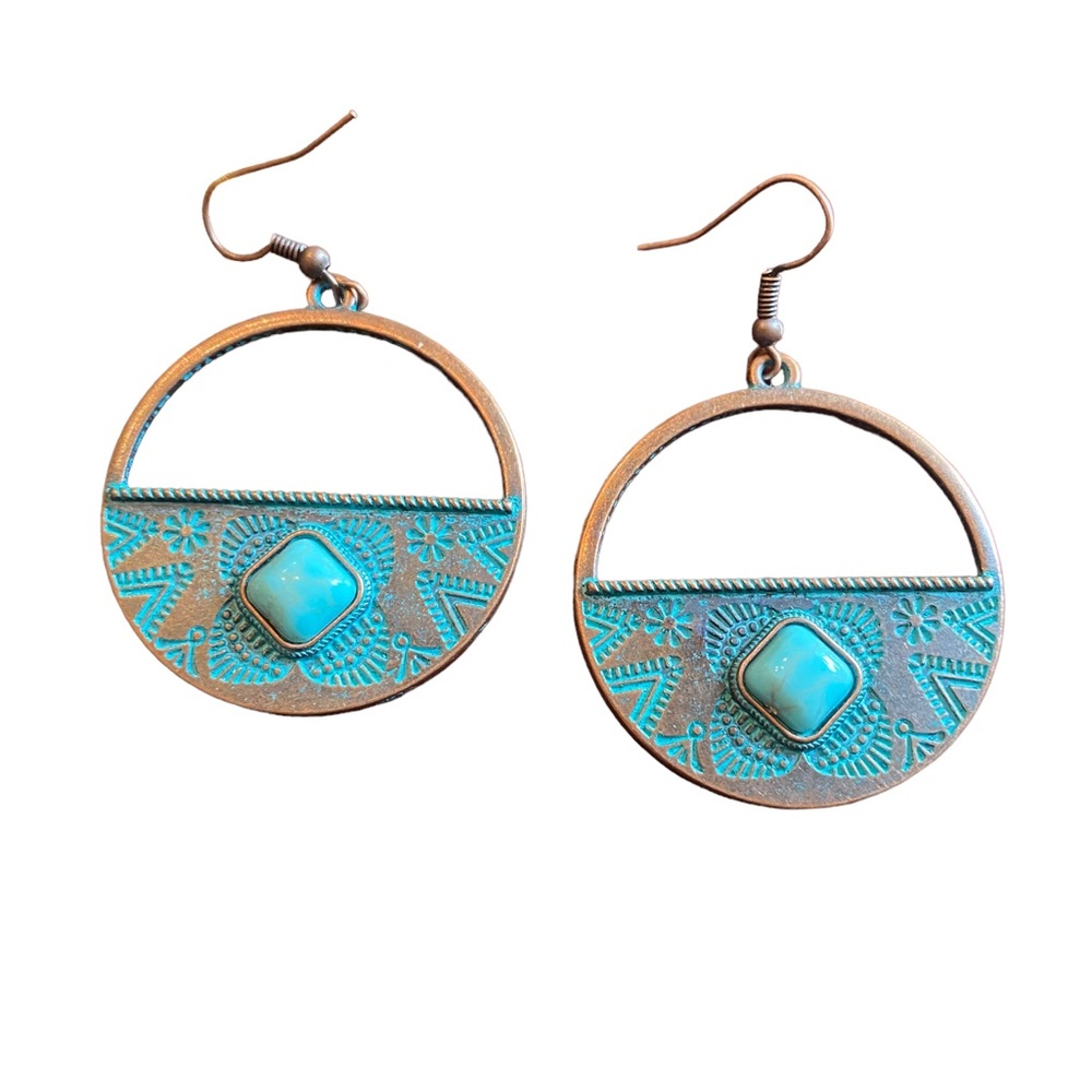 Boho Style Bronze and Turquoise Round Drop Earrings